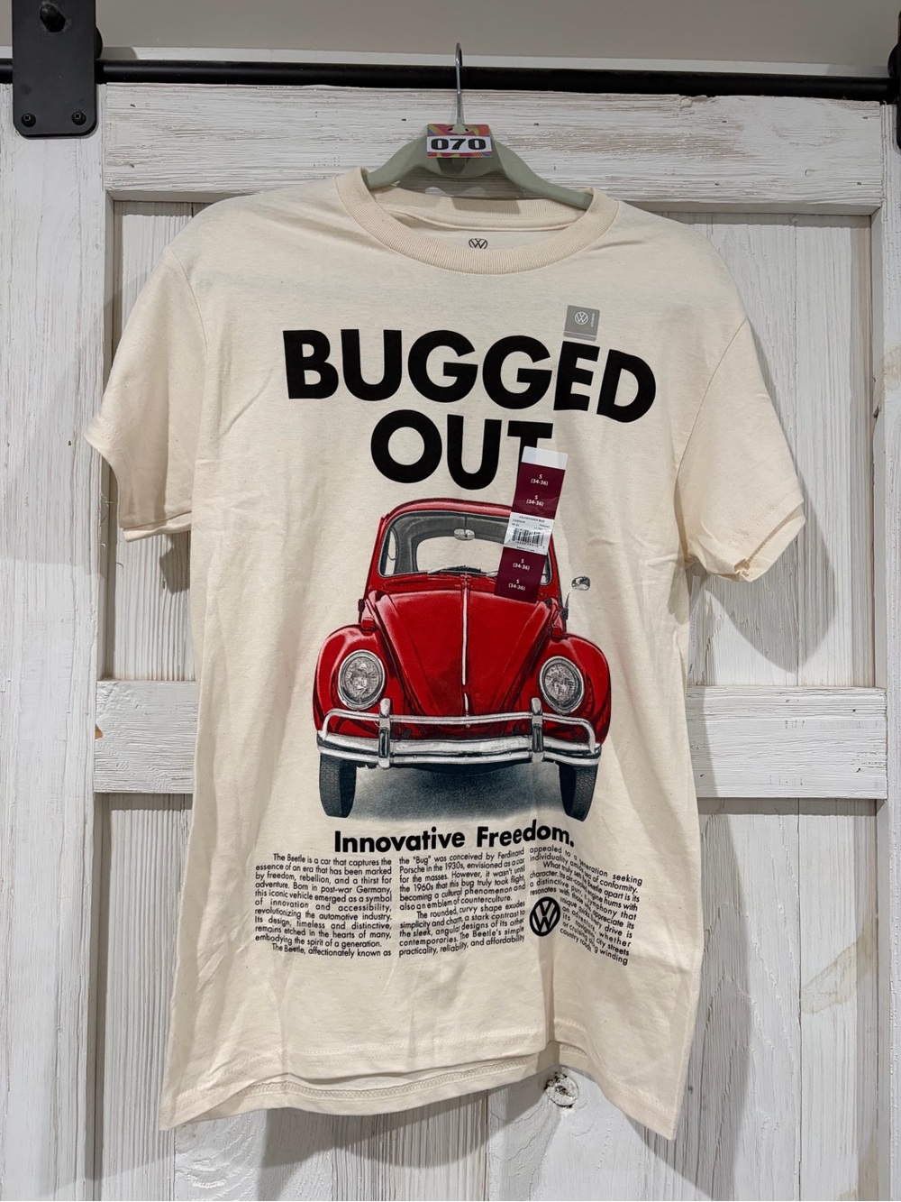 VW 'Bugged Out' Cream Long Sleeve Tee with Red Beetle Graphic